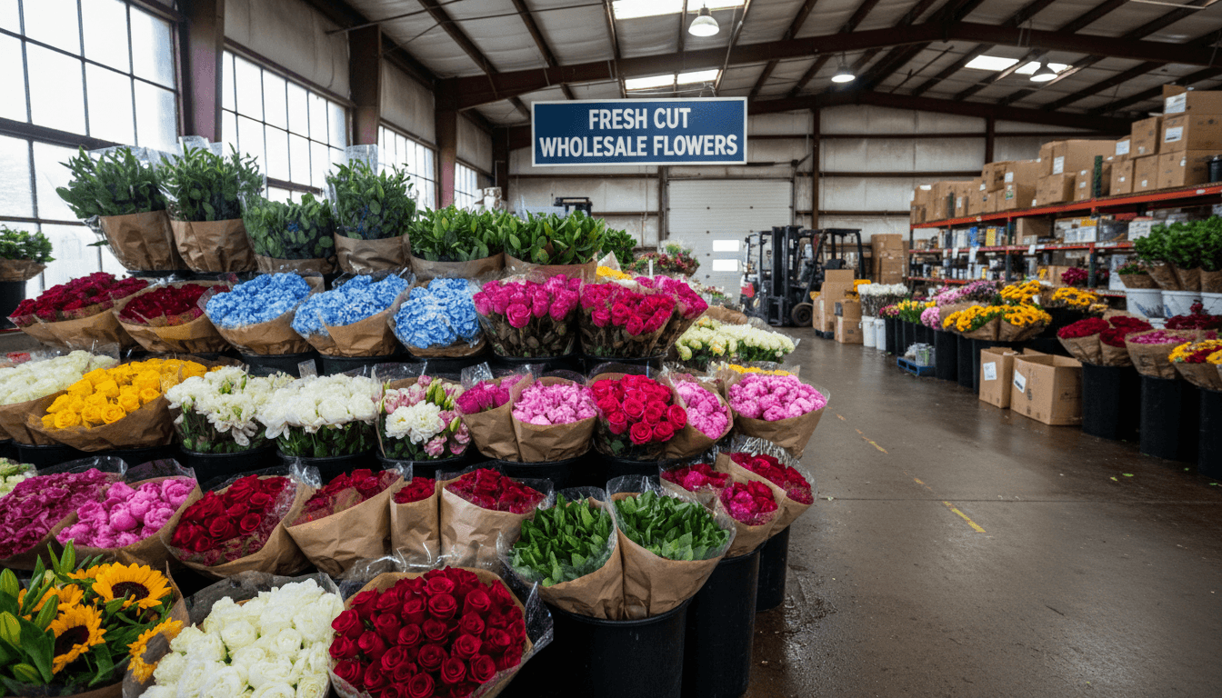 Fresh cut flowers bundled and stacked in a London flower warehouse