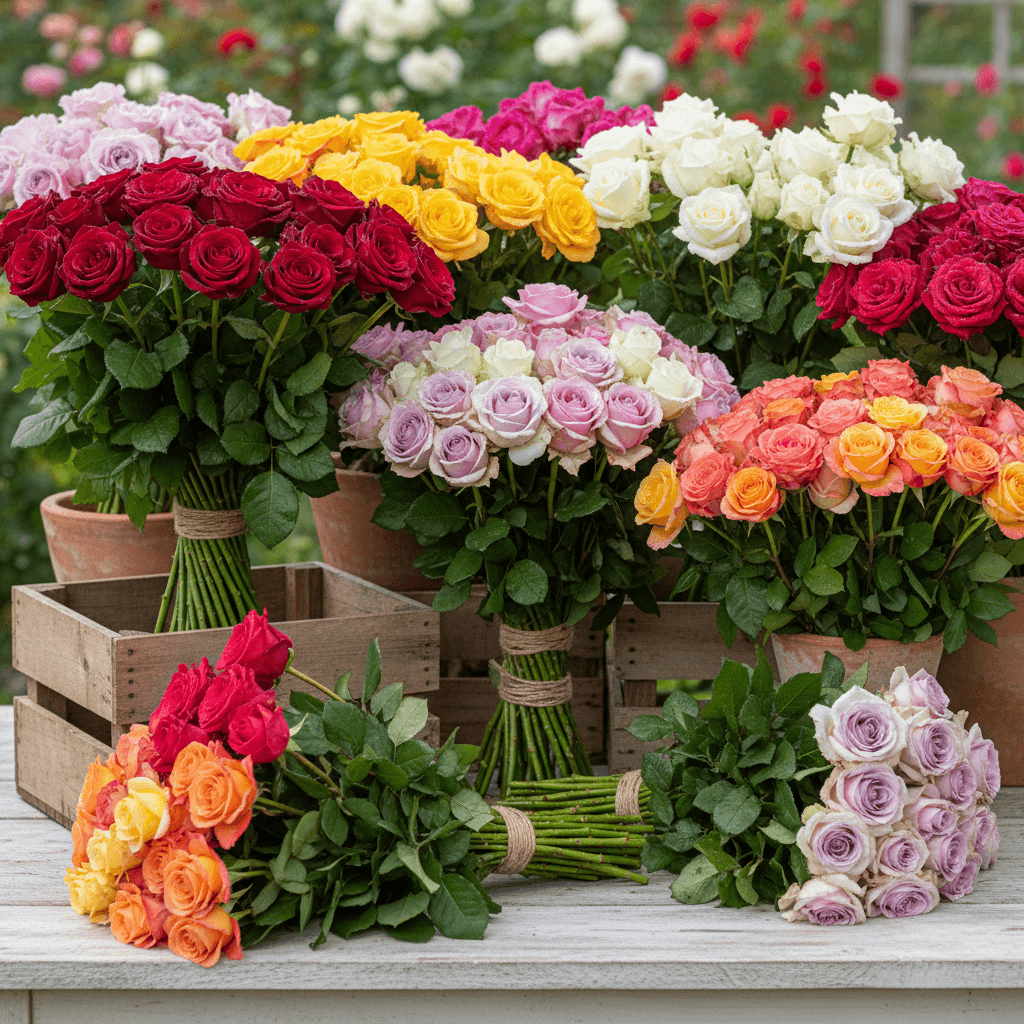 Fresh cut roses in multiple colors