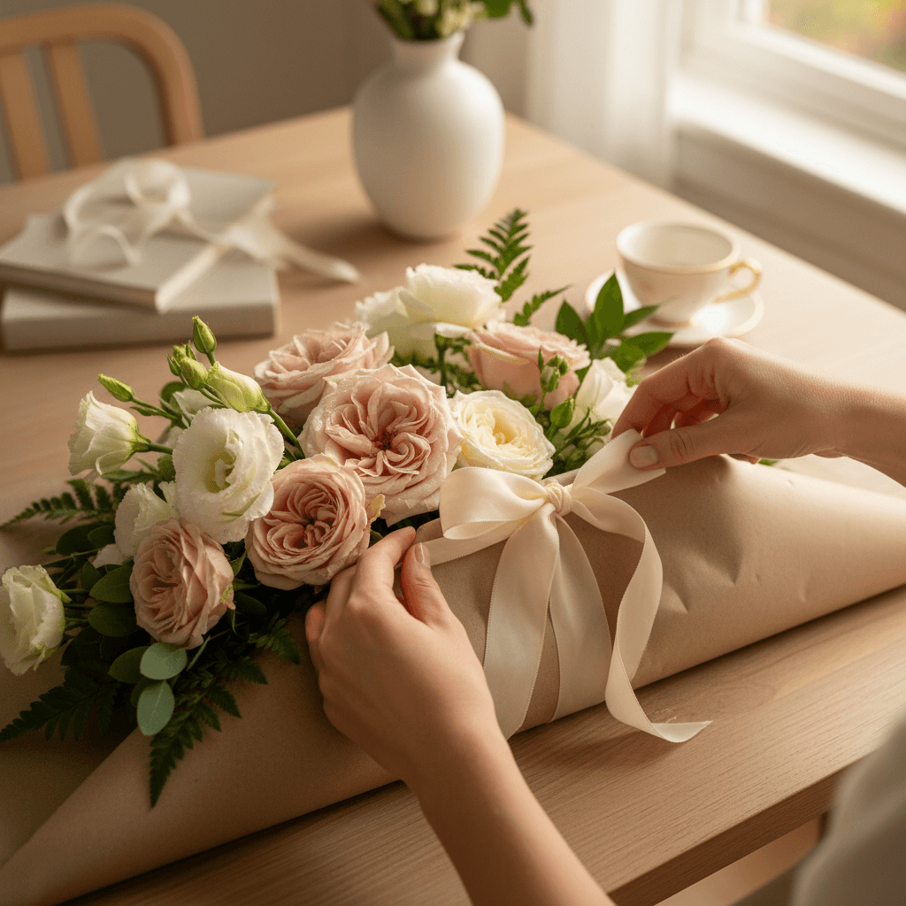 Customer opening fresh flower delivery package