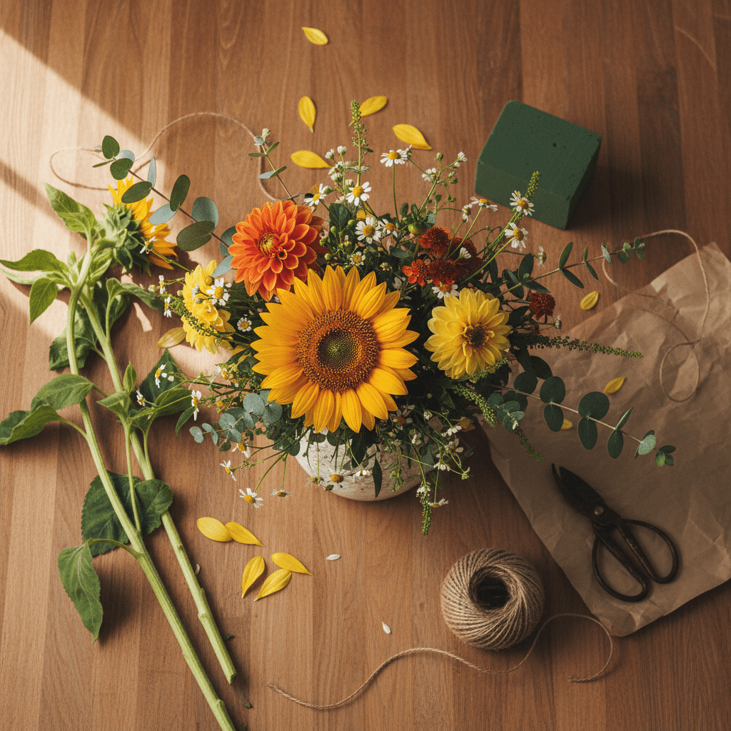 Seasonal mixed flowers and foliage arrangement