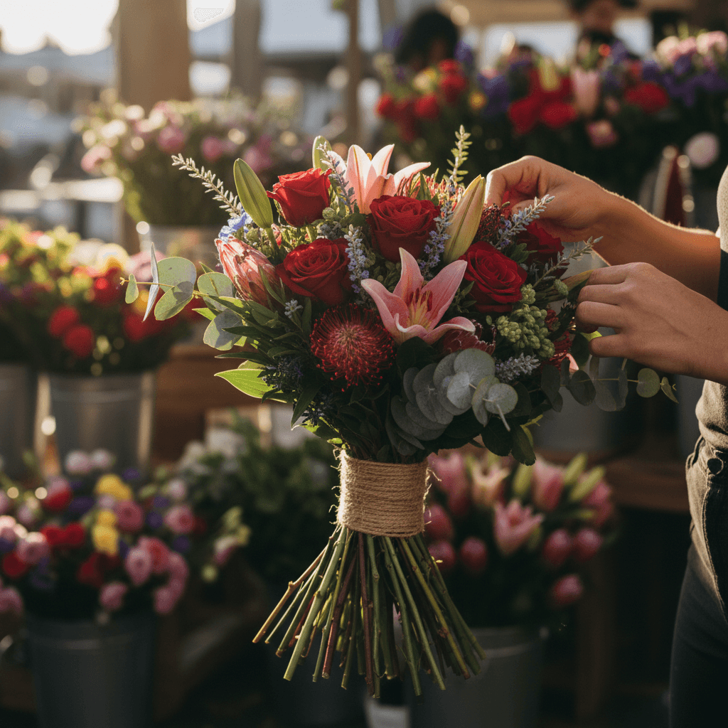 Fresh cut flowers in buckets at a London flower wholesale warehouse