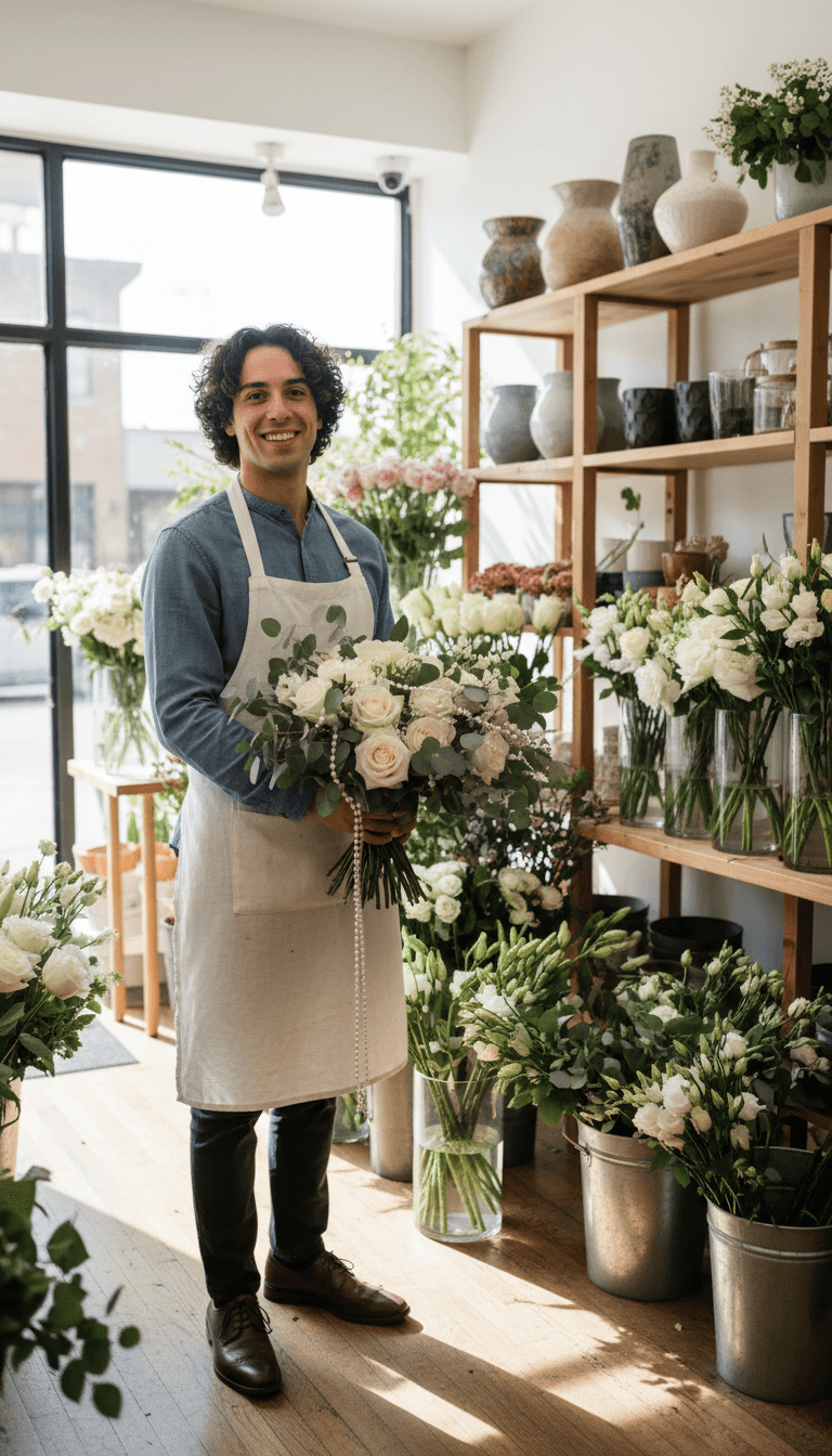 Flower business owner managing orders in warehouse with fresh stock